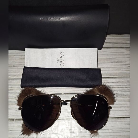 SAINT LAURENT Mink Fur Sunglasses Aviator Classic 11 Shields With Storage Case - Picture 10 of 12